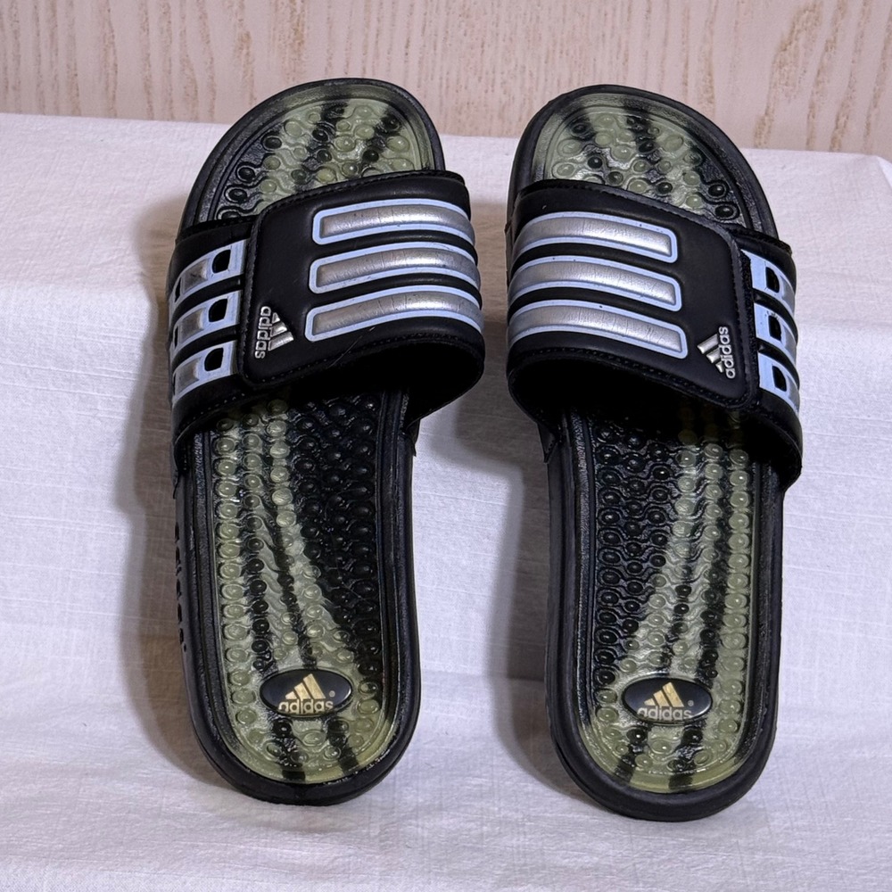 Adidas 5W Adissage Slides Black Silver Massage Footbed Athletic Sandals - Picture 2 of 5